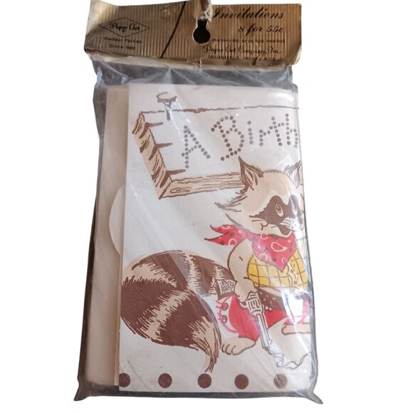 Vintage Paper Art Cowboy Raccoon Birthday Invitations 8-Pack Cards Envelopes - Picture 1 of 3